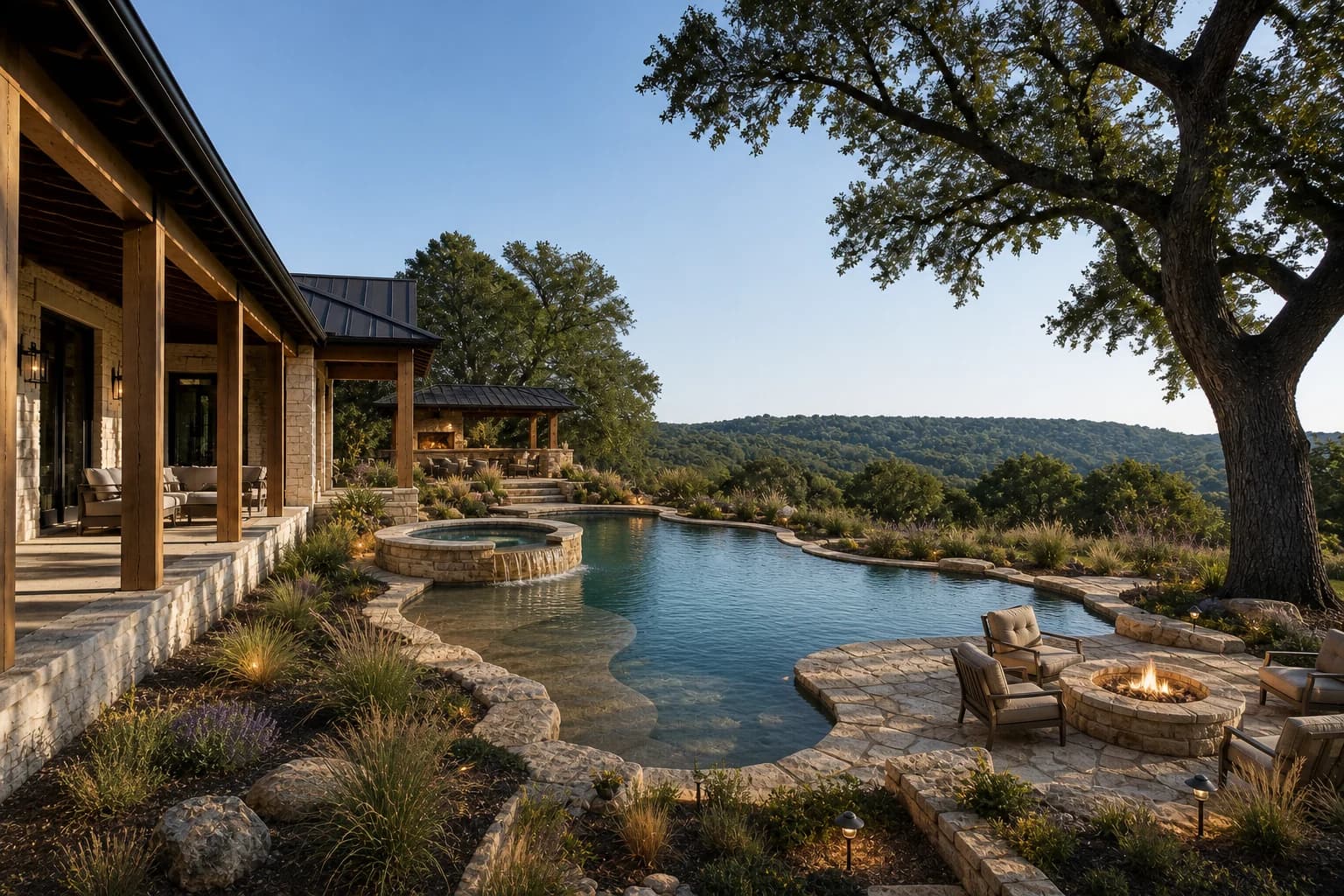Hill Country estate organic pool, spa, pavilion and native landscape concept